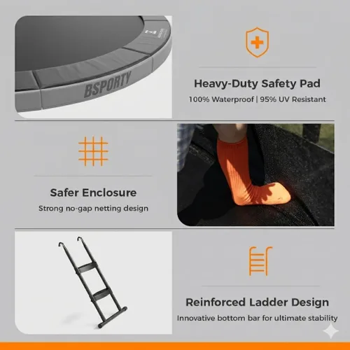 Miniatura 4 de Trampolín para exteriores de 10 pies, 14 pies, 16 pies con recinto, 6 patas reforzadas en forma de U con soporte central, aprobado por ASTM
