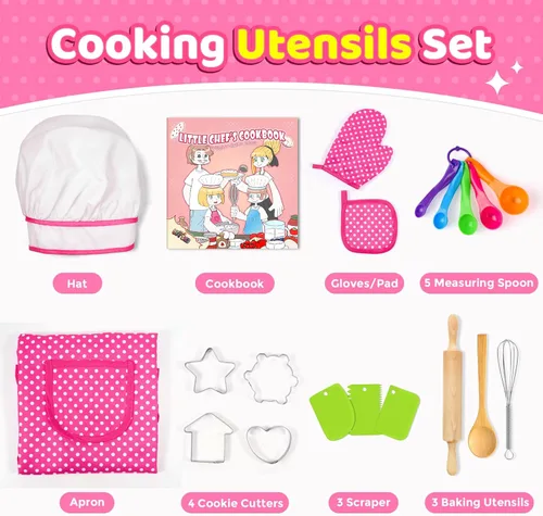 Miniatura 3 de Toyze Regalos para niñas de 3 a 8 años, juego de cocina para niños con delantal, sombrero de chef, libro de cocina, 20 unidades, color rosa