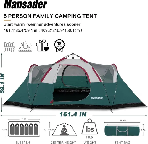 Miniatura 3 de 6 Person Family Camping Tent,Waterproof Windproof with Top Rainfly,Easy Set Up,Pop Up Tent for Outdoor Camping Hiking Trave Verde