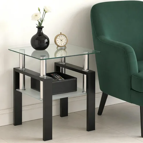 Miniatura 10 de Mesa auxiliar pequeña de cristal, mesa auxiliar blanca de 2 niveles con patas de metal, mesa auxiliar cuadrada, elegante y resistente para espacios