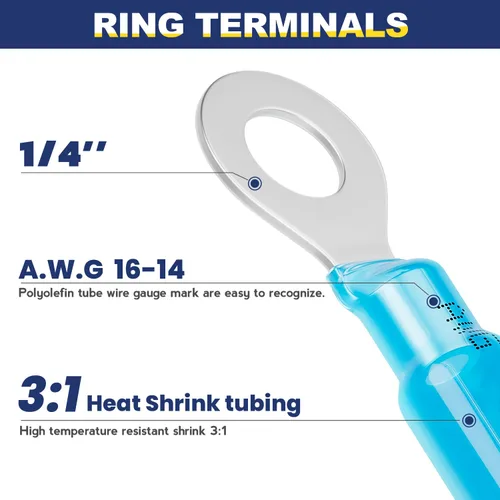 Miniatura 2 de Haisstronica - 200 conectores de anillo termorretráctil de calibre 1/4" de grado marino, conectores de alambre azul AWG 16-14, conectores de anillo