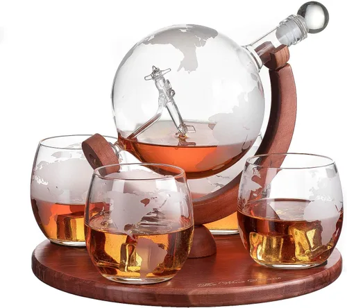 Decantador del mundo grabado con globo de whisky, juego de regalo de whisky The Wine Savant con avión antiguo, piedras de whisky y 4 vasos de mapa