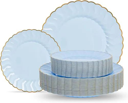 Lullaby 60 piezas platos de plástico festoneados azul claro con borde dorado, incluye 30 piezas platos de cena de 10 pulgadas y 30 piezas platos de