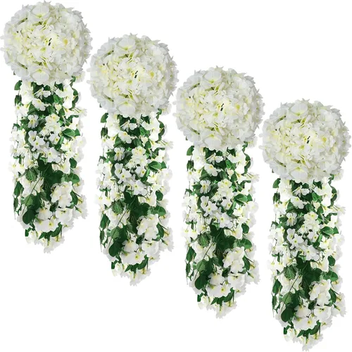 Miniatura 9 de XunYee Paquete de 4 flores artificiales colgantes para exteriores, plantas colgantes falsas de 5 pétalos de seda violeta, plantas de simulación