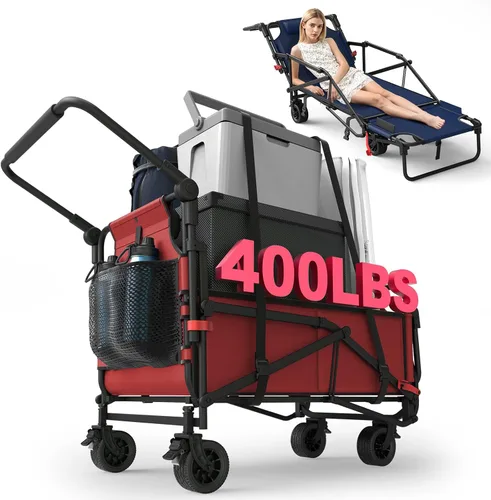 Miniatura 19 de LEVELEVE Vagón Plegable de Servicio Pesado - Carrito Plegable 2 en 1, Capacidad de 400 libras, Ruedas Todo Terreno con Frenos y Bolsillos Laterales
