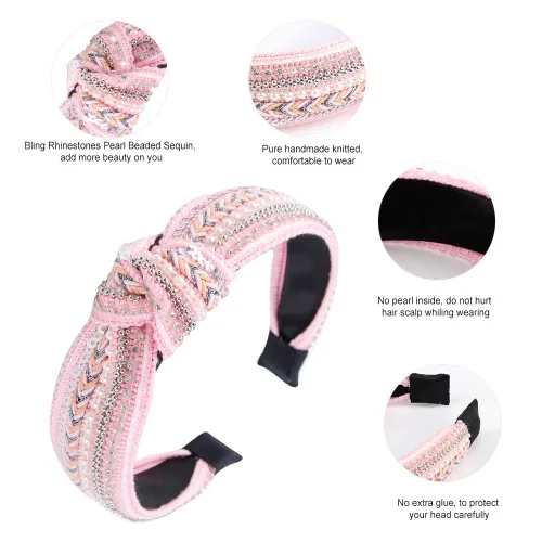 Miniatura 4 de TOBATOBA Diademas anudadas para mujer, paquete de 3 diademas con cuentas de perlas de diamantes de imitación, diademas bohemias con nudo superior