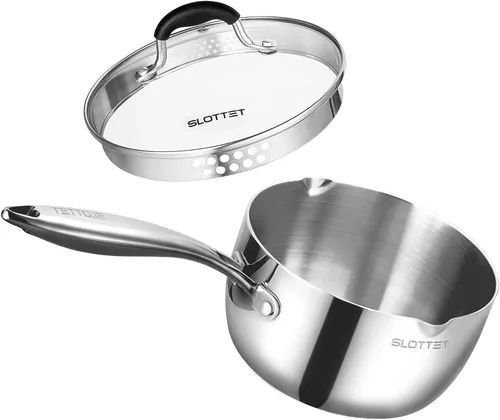 Miniatura 8 de SLOTTET - Cacerola de acero inoxidable tricapa enteramente recubierta con boquilla de vertido, olla pequeña multiusos de 1.5 cuartos con colador