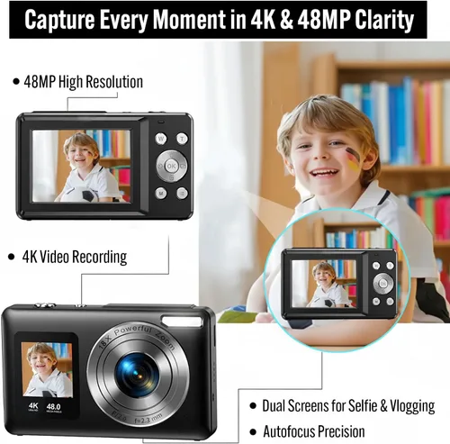 Miniatura 2 de Cámara digital 4K de 48MP para adolescentes con enfoque automático y pantalla dual para selfies – Zoom 18X, luz de relleno incorporada, cámara