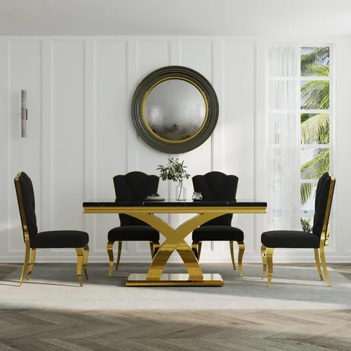 Miniatura 3 de Juego de 2 sillas de comedor de terciopelo negro y dorado, sillas de cocina tapizadas con respaldo alto con patas de acero inoxidable pulido, sillas