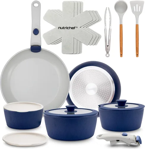 NutriChef Juego de utensilios de cocina de cerámica de 18 piezas con asas desmontables, ollas y sartenes antiadherentes, revestimiento de cerámica