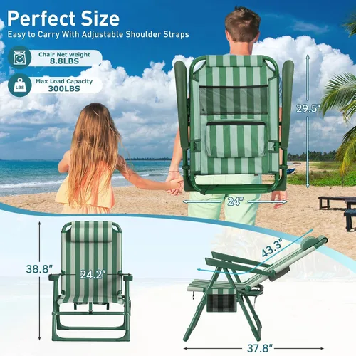 Miniatura 2 de Suteck Sillas de playa tipo mochila para adultos, paquete de 2, silla reclinable plegable de 6 posiciones con bolsa enfriadora y soporte para tazas