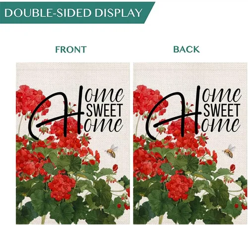 Miniatura 3 de Bandera de geranio para casa de primavera y verano, arpillera de doble cara, abejas florales rojas con cita para el hogar, bandera decorativa