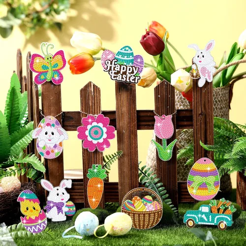 Miniatura 2 de Ferraycle Kit de pintura de diamante de Pascua de 12 piezas, kits de arte de diamantes 5D DIY con huevo de Pascua, conejo, zanahoria, adornos