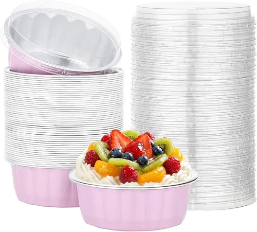 Miniatura 54 de Beasea Ramequines con tapas, 8oz 50 unidades de tazas de aluminio desechables para hornear, tazas de papel de aluminio plateado para creme brulee