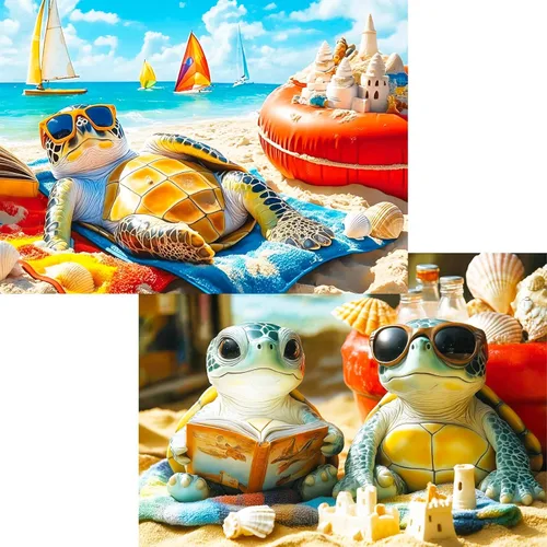 Rompecabezas de 1000 piezas para adultos - Pack de 2 rompecabezas de tortuga marina y escena de playa, rompecabezas para adultos, tema relajante del