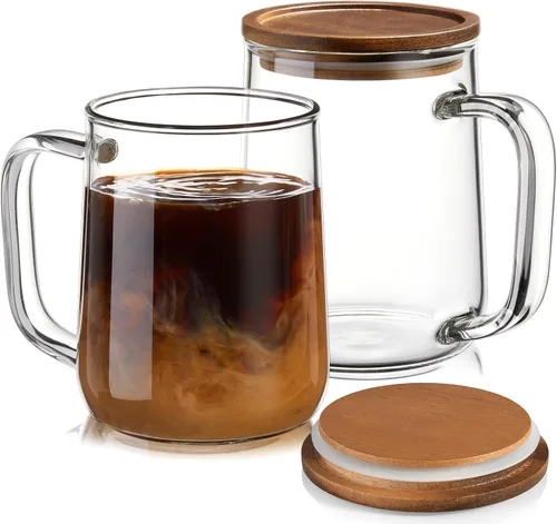 Miniatura 9 de Tazas de café de vidrio, tazas de café de vidrio de 14 onzas con tapas de madera de acacia, tazas de vidrio de borosilicato transparente con asas