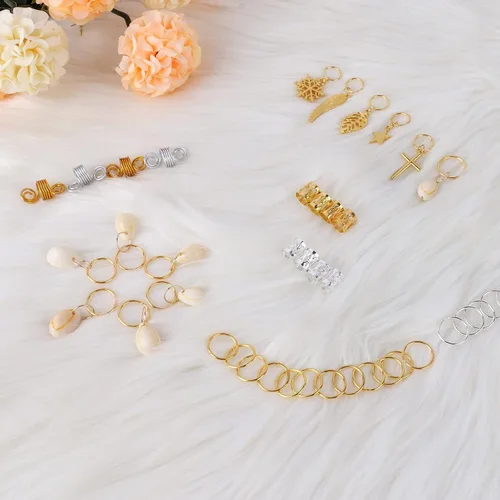 Miniatura 4 de Nafaboig 200 cuentas de cabello para trenzas, joyería Loc para cabello, accesorios de rastas, clips de metal dorado y plateado, espirales, anillos