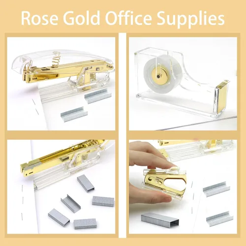 Miniatura 4 de Suministros de oficina dorados, accesorios de escritorio dorados de UPIHO, juego de grapadora y dispensador de cinta con grapadora grande