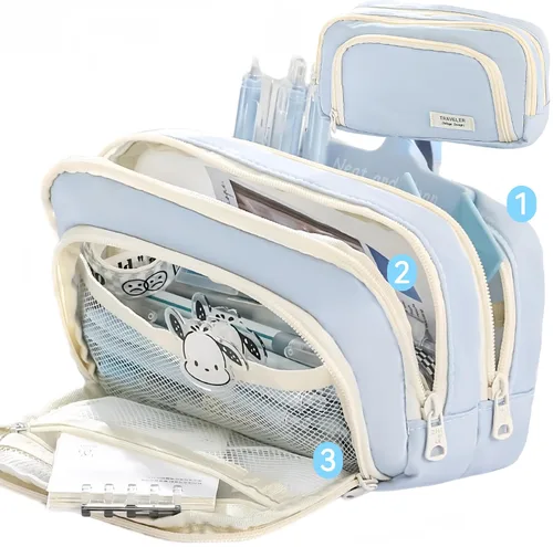 Miniatura 9 de Estuche para lápices de gran capacidad, 3 compartimentos, bolsa grande para lápices, bolsa para bolígrafos, caja porta lápices, organizador