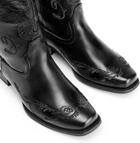 Miniatura 4 de DREAM PAIRS Botas vaqueras de media pantorrilla para mujer, botas vaqueras bordadas cosidas con punta cuadrada, botas occidentales