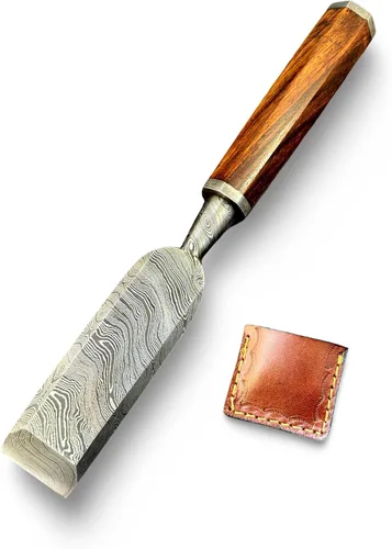 Miniatura 10 de Juego de cinceles de madera de 5 piezas – Cuchillas de borde biselado de acero de Damasco forjadas a mano con cubiertas de cuero y asas