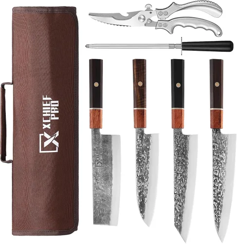 Juego de cuchillos de Japón, juego de cuchillos Nakiri Santoku de acero de alto carbono de Japón, cuchillo de carnicero forjado a mano con