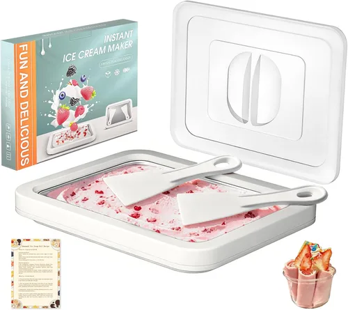 Kit para hacer helados enrollados con tapa, 2 espátulas y guía de recetas - Bandeja de congelación instantánea para helado casero, divertidas Blanco