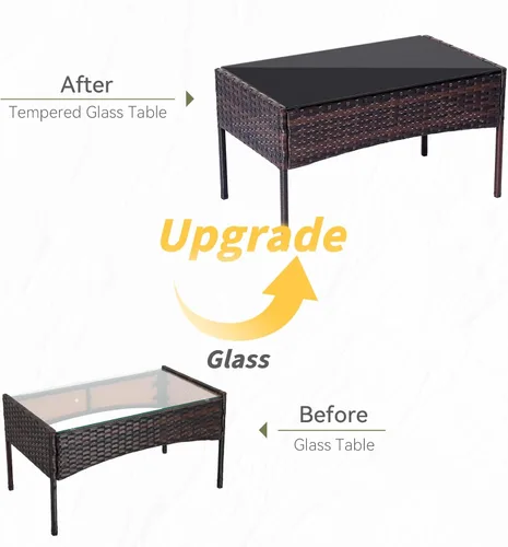 Miniatura 3 de Juego de muebles de patio de 4 piezas, muebles de ratán para exteriores con mesa de centro de vidrio templado, sillas modernas de ratán para patio