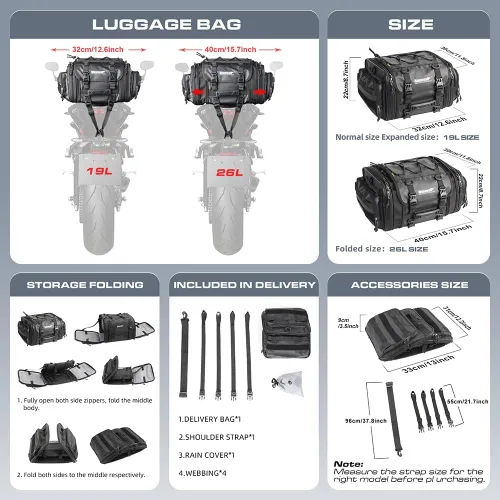 Miniatura 2 de Rhinowalk Bolsa para sillín de motocicleta, bolsa trasera de motocicleta, impermeable, expandible, bolsa de viaje para deportes motorizados