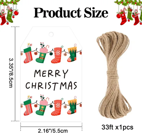 Miniatura 2 de joycraft 50 etiquetas de Feliz Navidad con cuerda - 3.3 x 2.1 pulgadas etiquetas blancas de papel con calcetín navideño, etiquetas colgantes