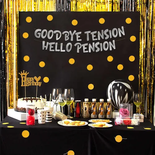 Miniatura 6 de Cartel plateado con purpurina preencordada de Goodbye Tension Hello Pension – Divertidas decoraciones de jubilación para hombres y mujeres