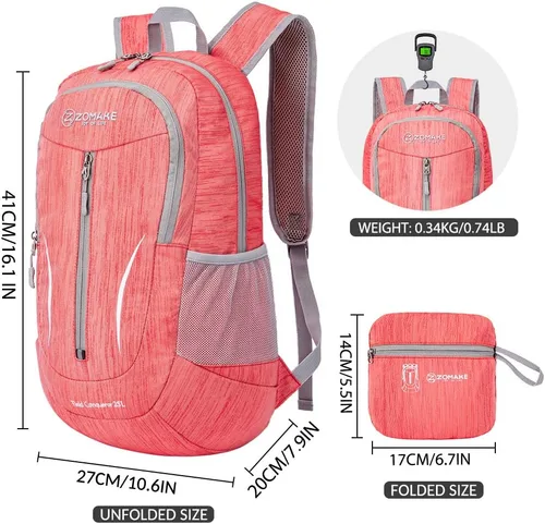 Miniatura 2 de ZOMAKE Mochila plegable ultraligera de 25 litros, mochilas de senderismo plegables resistentes al agua, mochila plegable pequeña para viajes (rojo)