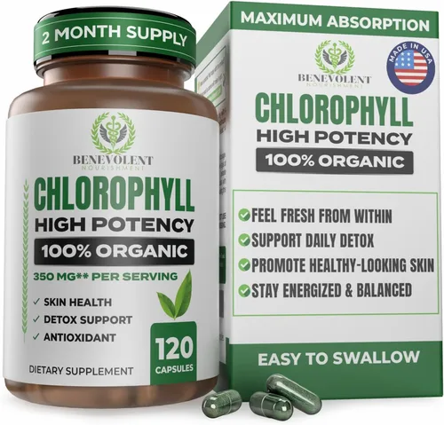 Benevolent - Cápsulas de clorofila de 350 mg - 100% natural + ultra clorofila concentración de potencia 20x para impulso de energía, apoyo