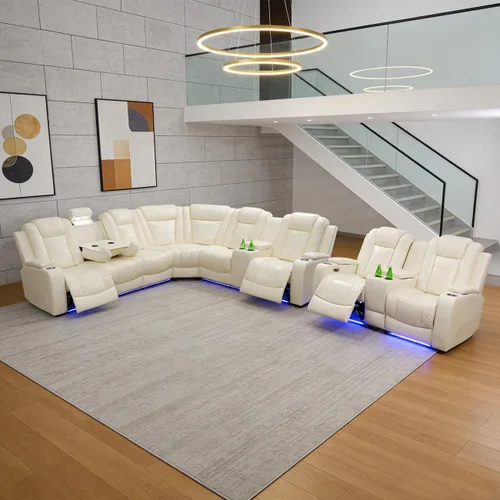 Miniatura 15 de Juego de sofá modular reclinable eléctrico para sala de estar, juego de sofá reclinable de cuero con luces LED / almacenamiento oculto, sofá