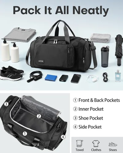 Miniatura 2 de HOTOR Bolsas de gimnasio para hombres y mujeres Bolsa de lona espaciosa con compartimento para zapatos y bolsillo húmedo, bolsa de mano para fin