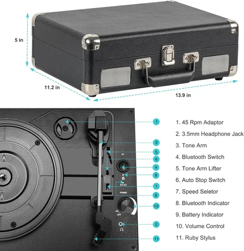 Miniatura 3 de Tocadiscos portátil con plato giratorio de 3 velocidades, conectividad Bluetooth, batería incorporada de 1800 mAh, diseño retro de maleta