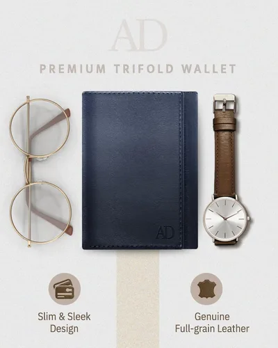 Miniatura 27 de Billetera de triple pliegue con RFID, cuero genuino, delgado, con ventana de identificación, bolsillo frontal, regalo para hombre