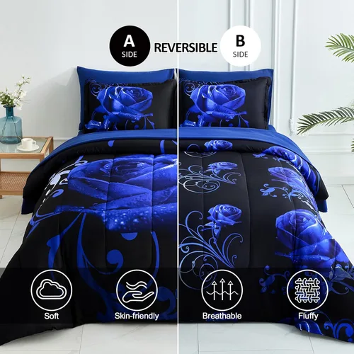Miniatura 2 de WONGS BEDDING - Juego de edredón azul tamaño Queen de 7 piezas, juego de ropa de cama en una bolsa con patrón de rosas, juegos de ropa de cama