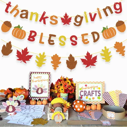 Miniatura 4 de Decoraciones de Acción de Gracias: Cartel brillante de agradecimiento y bendición, guirnalda de hojas de otoño para decoración de Acción de Gracias