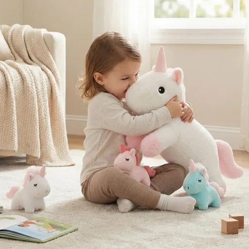 Miniatura 5 de WEIGEDU Juguetes de unicornio para niñas de 1, 2, 3, 4, 5, 6, 7, 8 años, animal de peluche mamá con 3 bebés unicornios en su barriga, juego