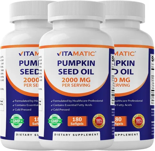 Vitamatic Aceite de semilla de calabaza de 2000 mg por porción, paquete de 3 (540 cápsulas blandas en total), 1000 mg por cápsula blanda que apoya
