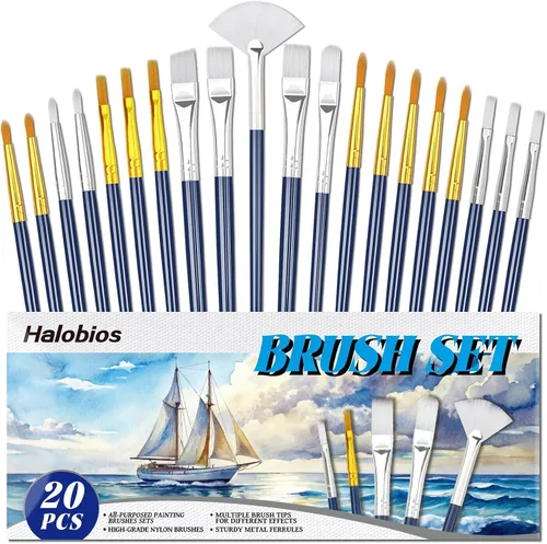 Halobios Juego de pinceles de pintura, 20 pinceles de pintura diferentes tipos de pinceles para pintura acrílica, acuarela, óleo, pinceles de