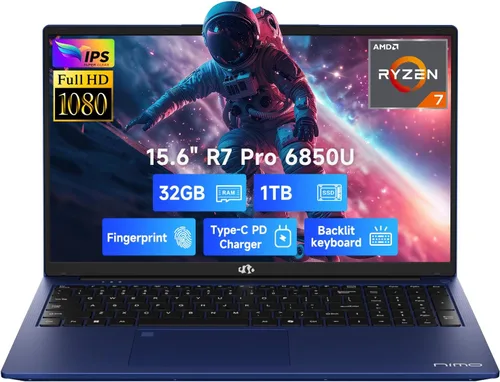NIMO 15.6" FHD Laptop de Juegos Ligeros, 8 núcleos AMD Ryzen 7 Pro 6850U 32GB LPDDR5 RAM 1TB SSD (Supera al i7-1360P hasta 4.7GHz) GPU AMD Radeon
