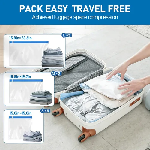 Miniatura 3 de VMstr Paquete de 15 bolsas de almacenamiento al vacío de viaje con bomba USB, sello de embalaje al vacío para equipaje y maleta, ahorro de espacio