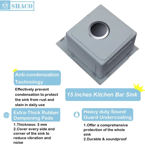 Miniatura 2 de SHACO Fregadero de barra de 15 x 15 pulgadas, fregadero de cocina pequeño de acero inoxidable de 15 pulgadas, fregadero de cocina pequeño de un solo