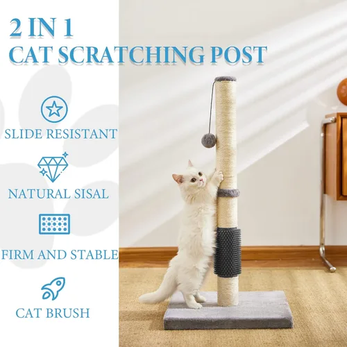 Miniatura 6 de MeowHomm Poste rascador para gatos de 32 pulgadas con cepillo para gatos, cuerda de sisal, poste rascador alto para gatos con bola colgante suave