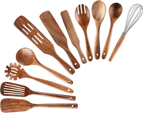 Miniatura 10 de Juego de 6 utensilios de cocina de madera con soporte, utensilios de cocina de teca natural, resistentes al calor, antiadherentes, con agujero
