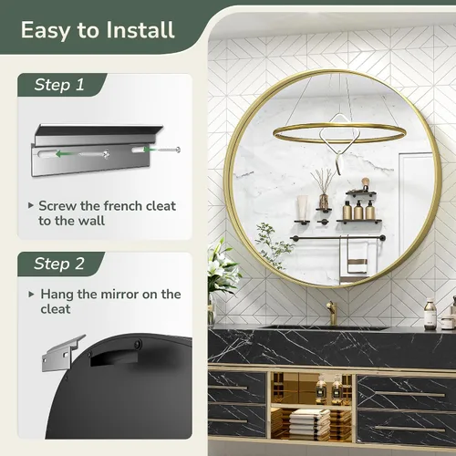Miniatura 5 de TokeShimi Espejo redondo de baño de 40 pulgadas dorado para pared con marco de metal mate cepillado de aleación de aluminio antioxidable para Oro