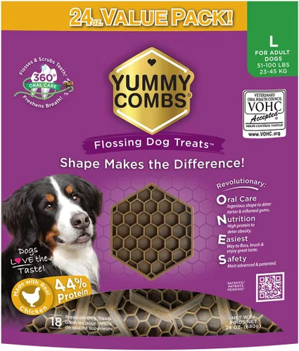Miniatura 27 de Yummy Combs Golosinas dentales para perros, aprobadas por veterinarios VOHC, deliciosa proteína de pollo, elimina el sarro con forma de peine
