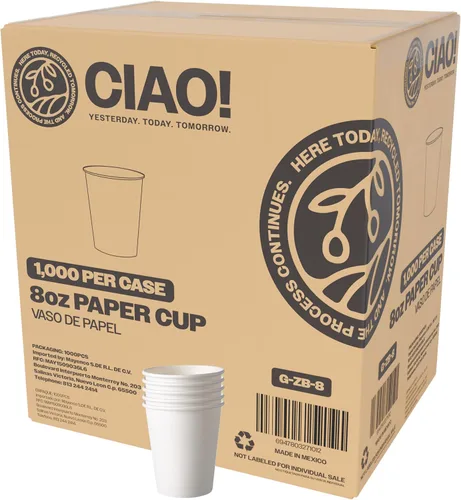 CIAO! Vaso de papel desechable para bebidas calientes de 8oz, blanco, diámetro de 80mm, 1,000 unidades